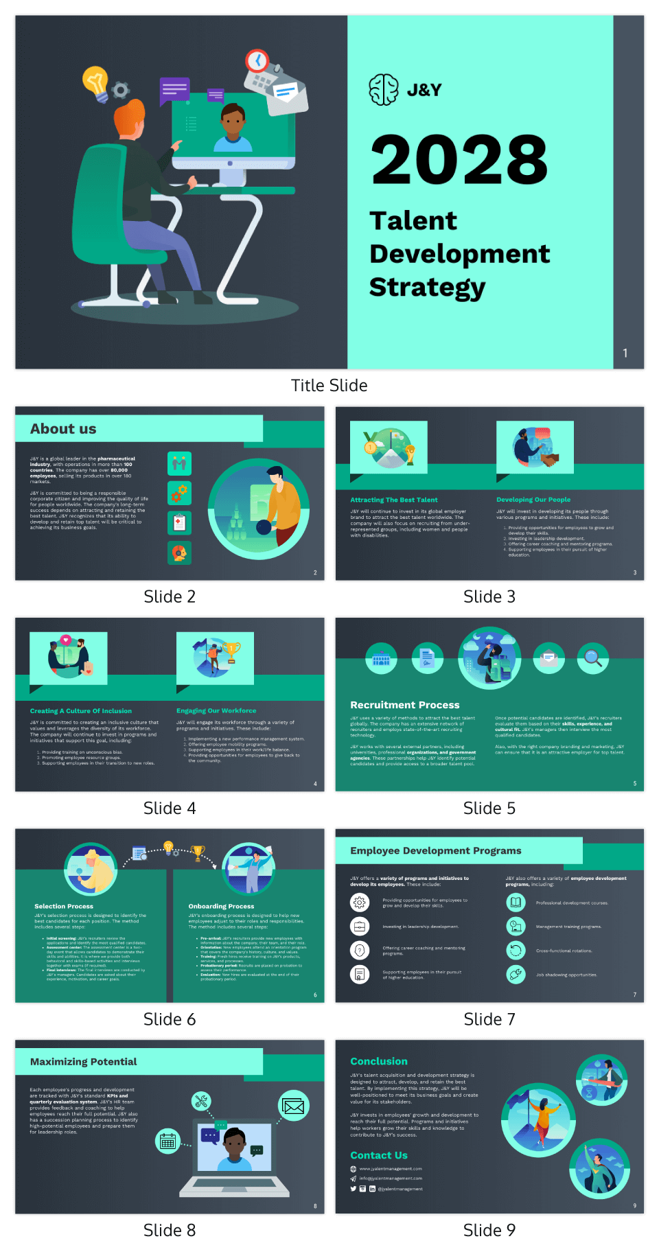 The image shows a cover slide for a presentation or a report, titled '2028 Talent Development Strategy.' The cover features an illustration of two individuals working at a computer desk, symbolizing a collaborative working environment. One person is seated at the desk with a computer, while the other is represented on the computer screen, suggesting a virtual meeting or remote collaboration. There are graphic icons around them, indicating digital activity and communication, like emails and notifications. To the right, the text is accompanied by the logo of 'J&Y,' indicating the name of the organization or entity that is presenting the Talent Development Strategy for the year 2028. The slide number, indicated at the bottom, is 1, suggesting this is the beginning of the presentation.