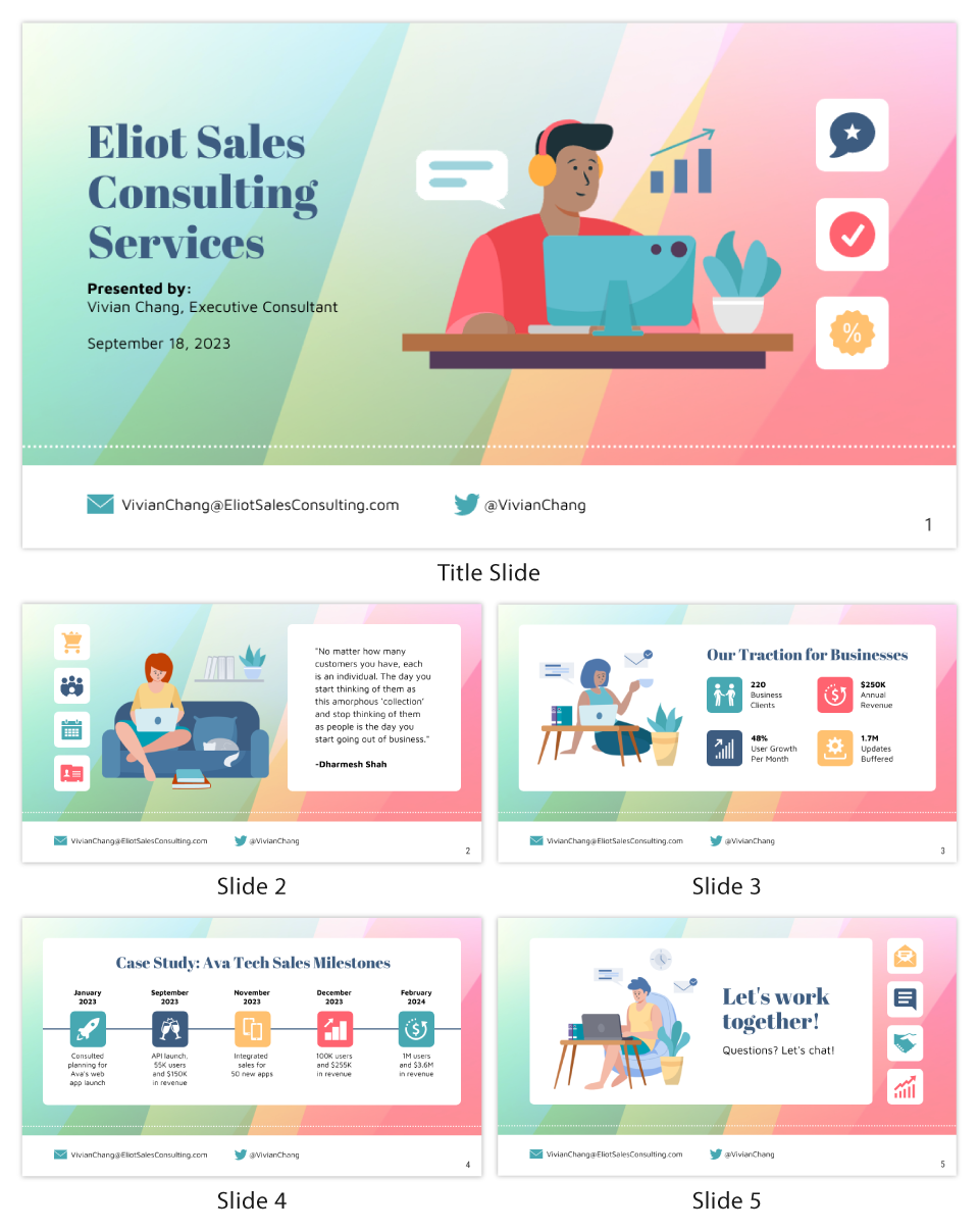This image is a title slide for 'Eliot Sales Consulting Services' presented by Vivian Chang, Executive Consultant, on September 18, 2023. It features an illustration of a smiling person with headphones working on a laptop, surrounded by icons suggesting productivity and success, such as chat bubbles, graphs, stars, checks, and discount symbols. Contact information for Vivian Chang is provided via an email address and a Twitter handle. The page is numbered at the bottom right, indicating this is the first slide of a presentation.